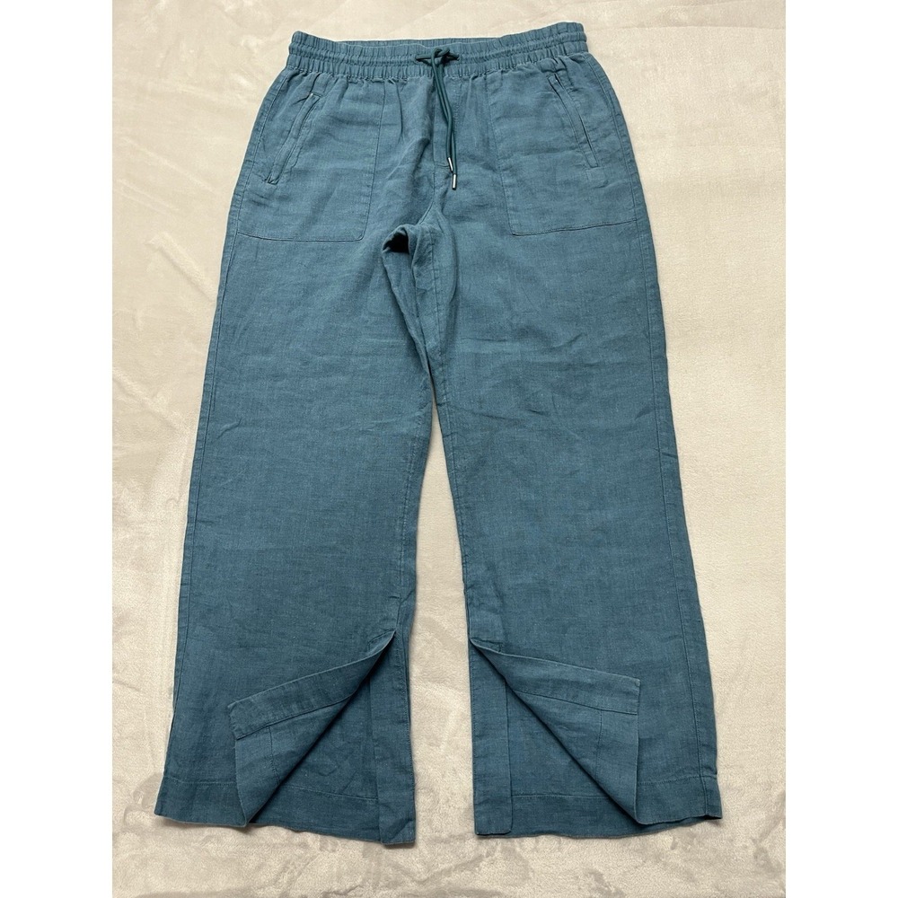 Athleta Retreat Linen Pants Women 10 Blue High Rise Wide Leg Relaxed Slit Side